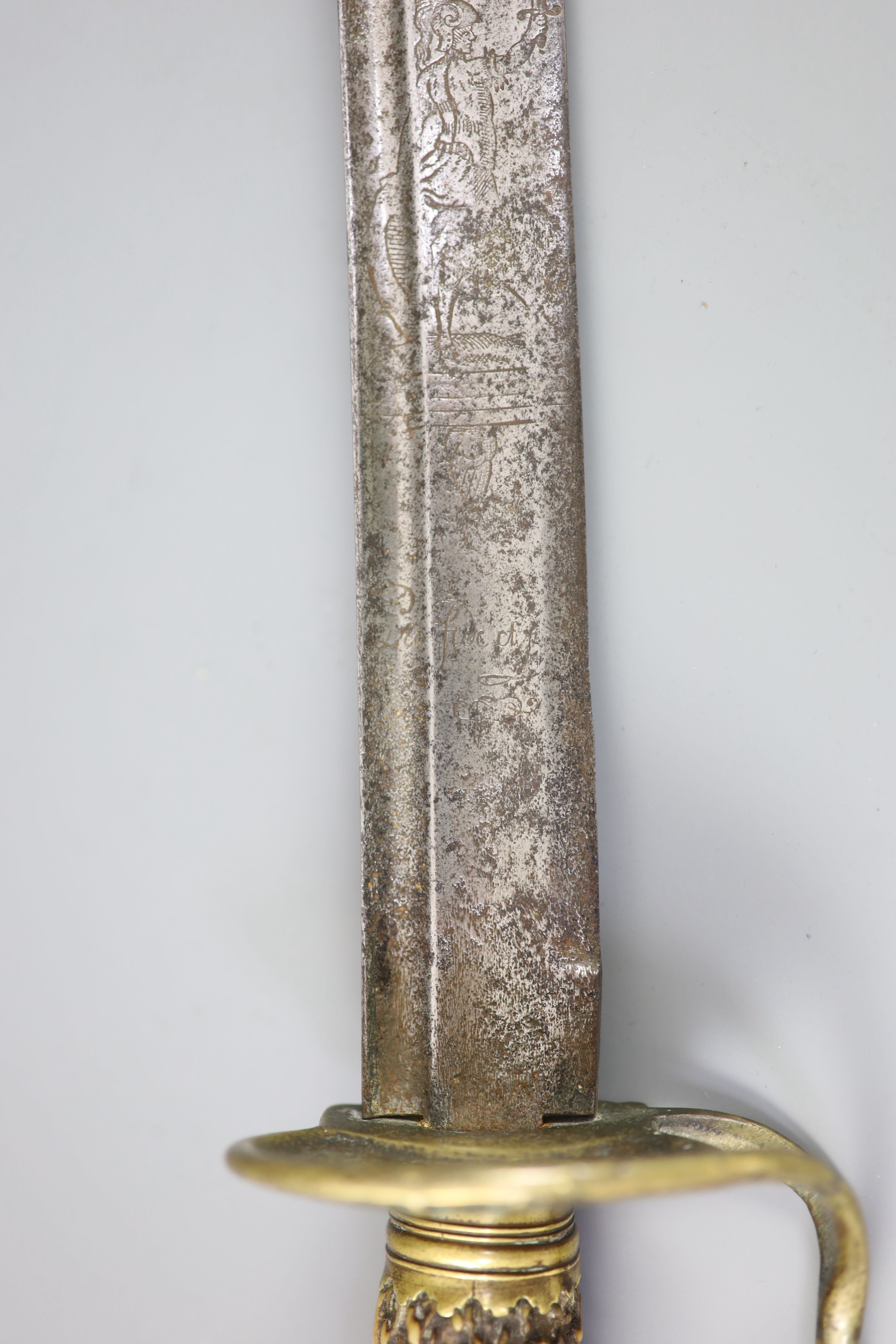 A late 17th century military hangar sword, length 34in.